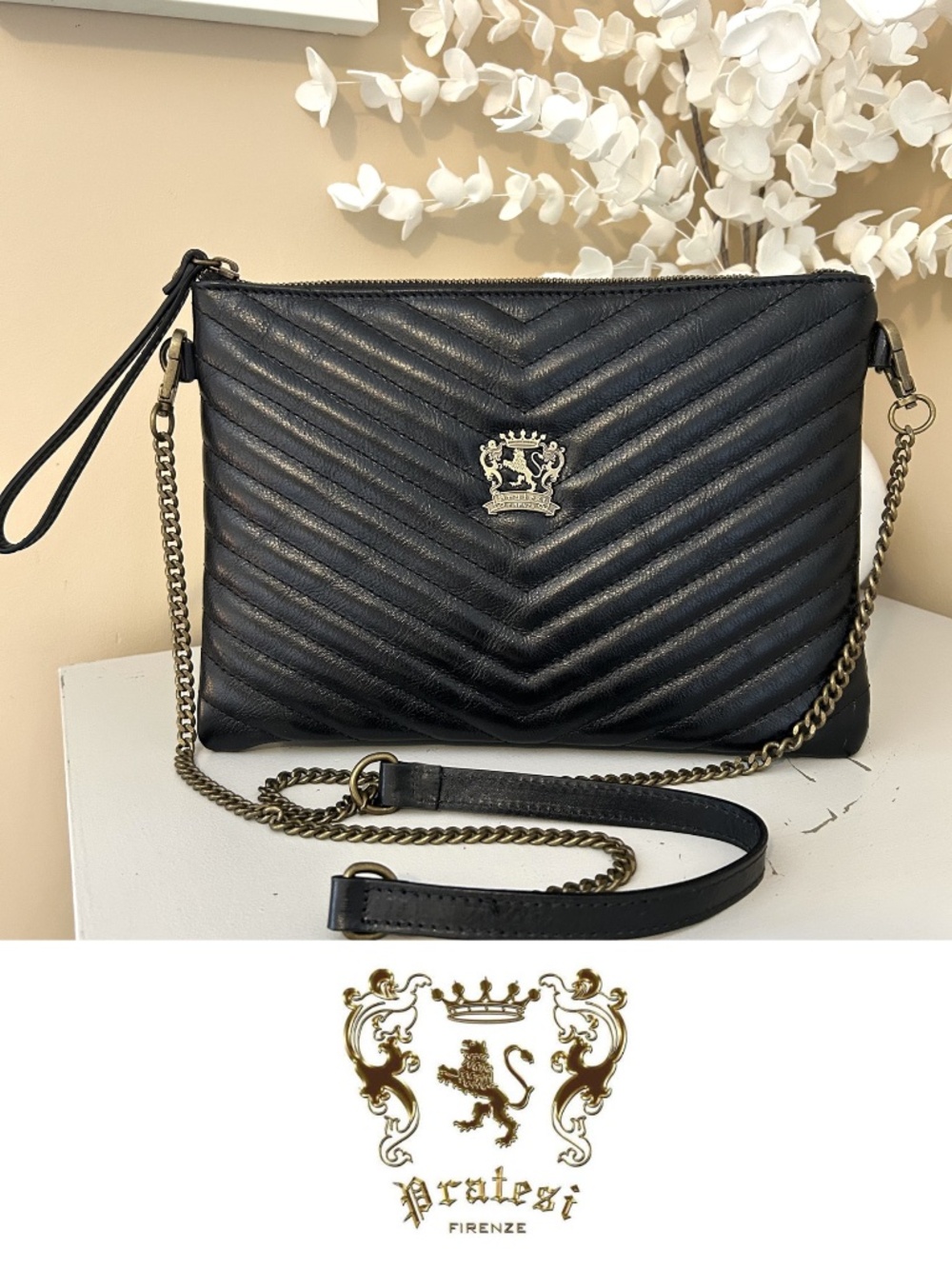 Like New! Pratesi Rufina Quilted Leather Envelope C/B Bag Made in Italy Black